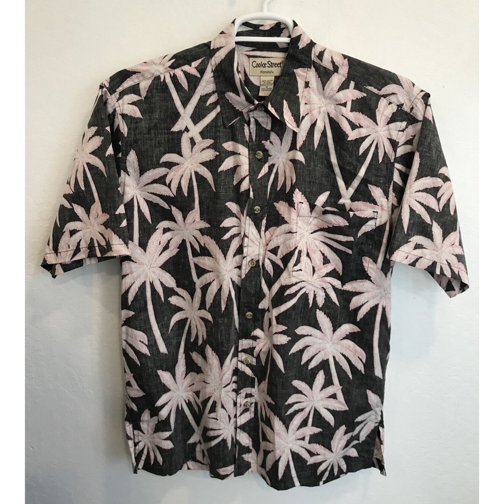 Vtg COOKE STREET Mens M Cotton Reverse Print Floral Gray Pink Hawaiian Shirt